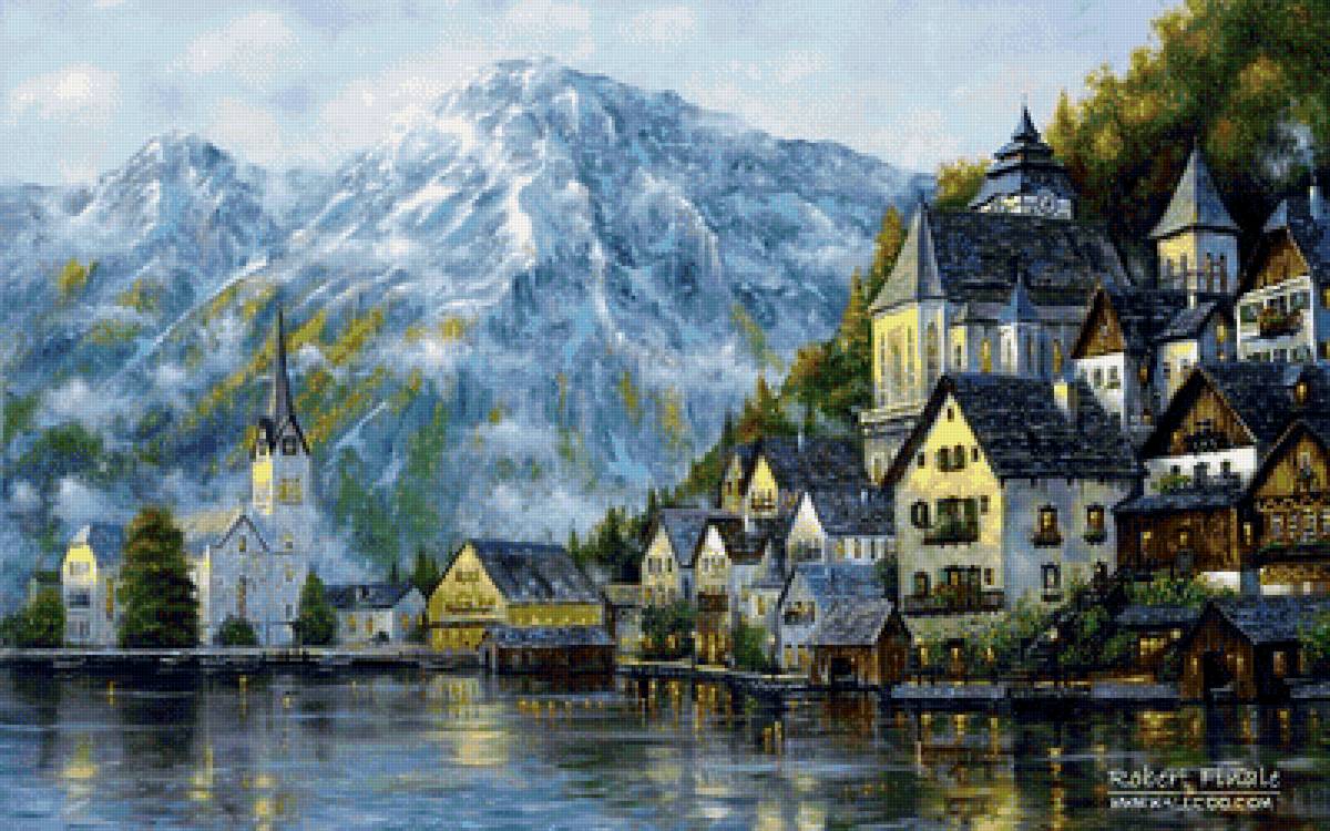 Прибрежный городок - горы. вечер. огни, отражение, море, город - предпросмотр