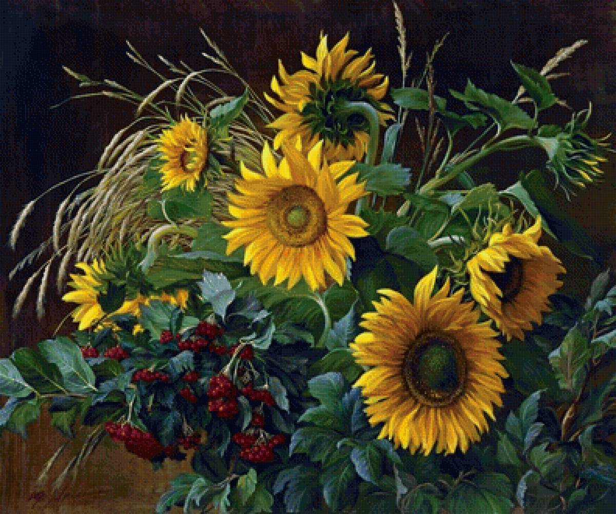 Подсолнухи и калина. - натюрморт - предпросмотр