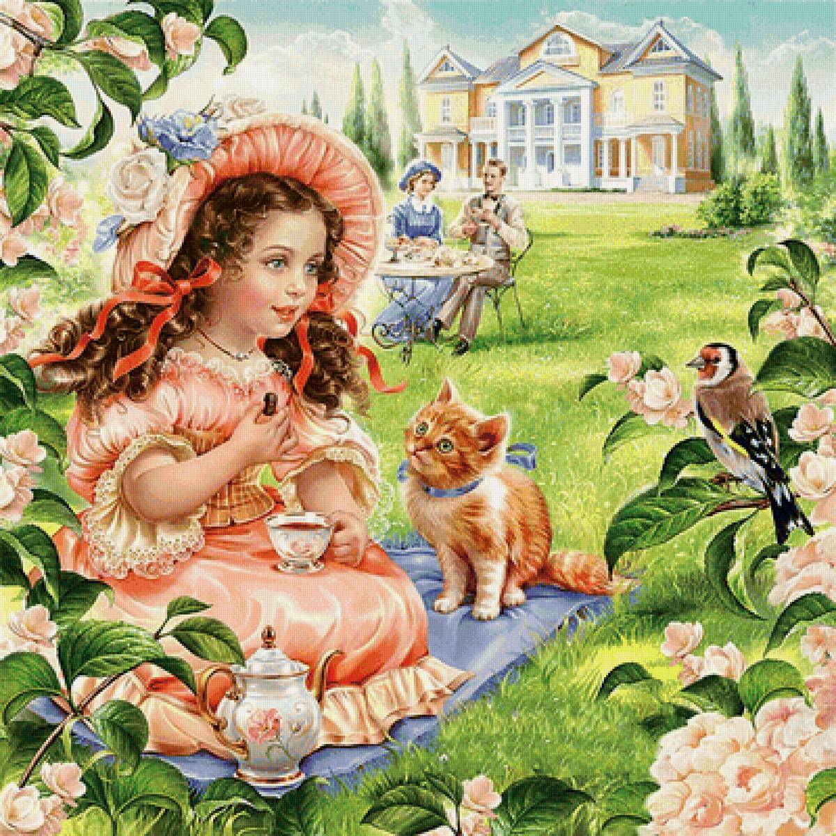 на лужайке - картина, природа, пейзаж, люди - предпросмотр