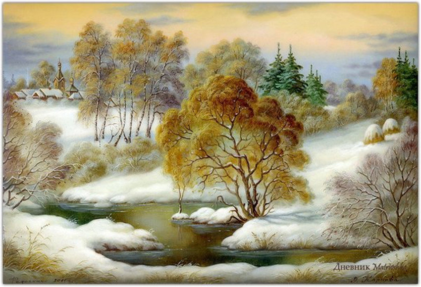 Зима - палех, река, зима - оригинал