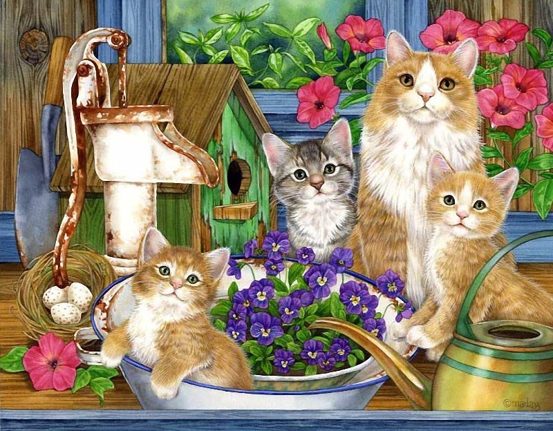 кошки-очарование моё... - цветы, кошка, котята - оригинал