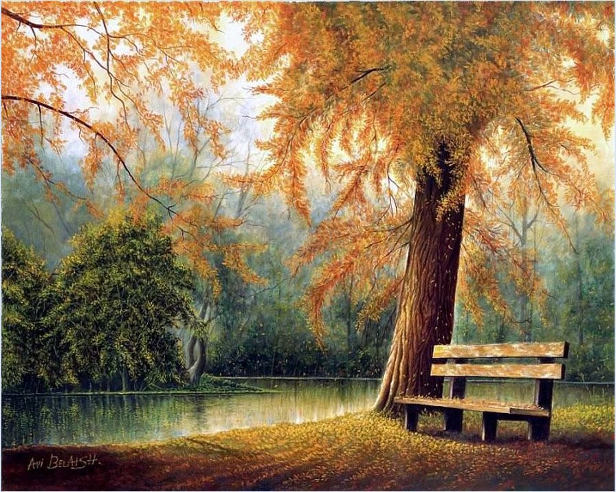 №1622994 - осень, скамейка, деревья, пруд - оригинал