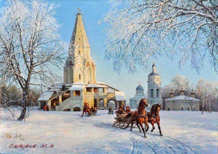 Зима в Коломенском - зима, лошади, церковь, тройка - оригинал