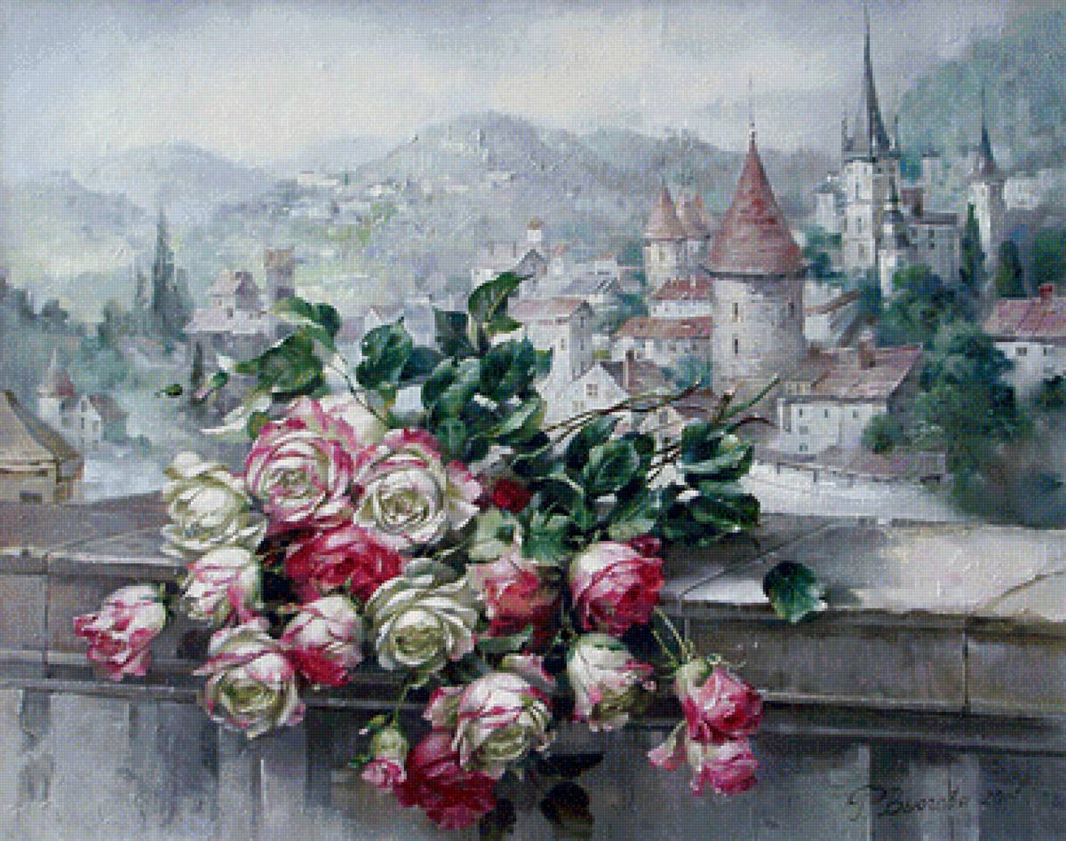 Брошенный букет - живопись, панорама, крыши, город, розы - предпросмотр