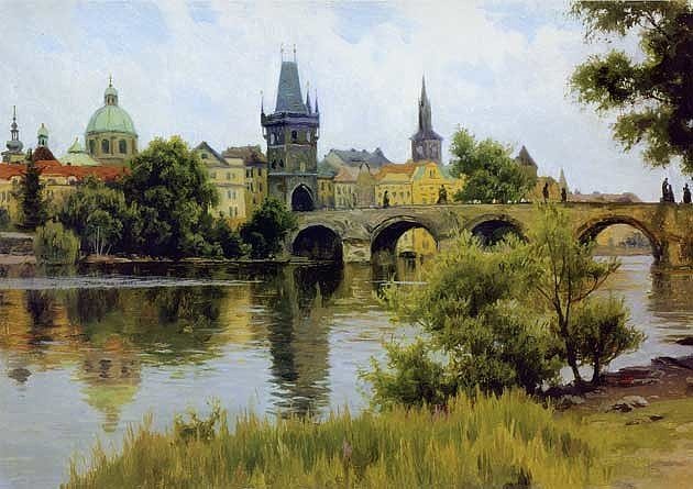 Прага - мост, деревья, город, река, живопись - оригинал