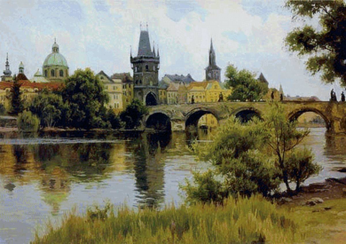 Прага - река, деревья, мост, живопись, город - предпросмотр