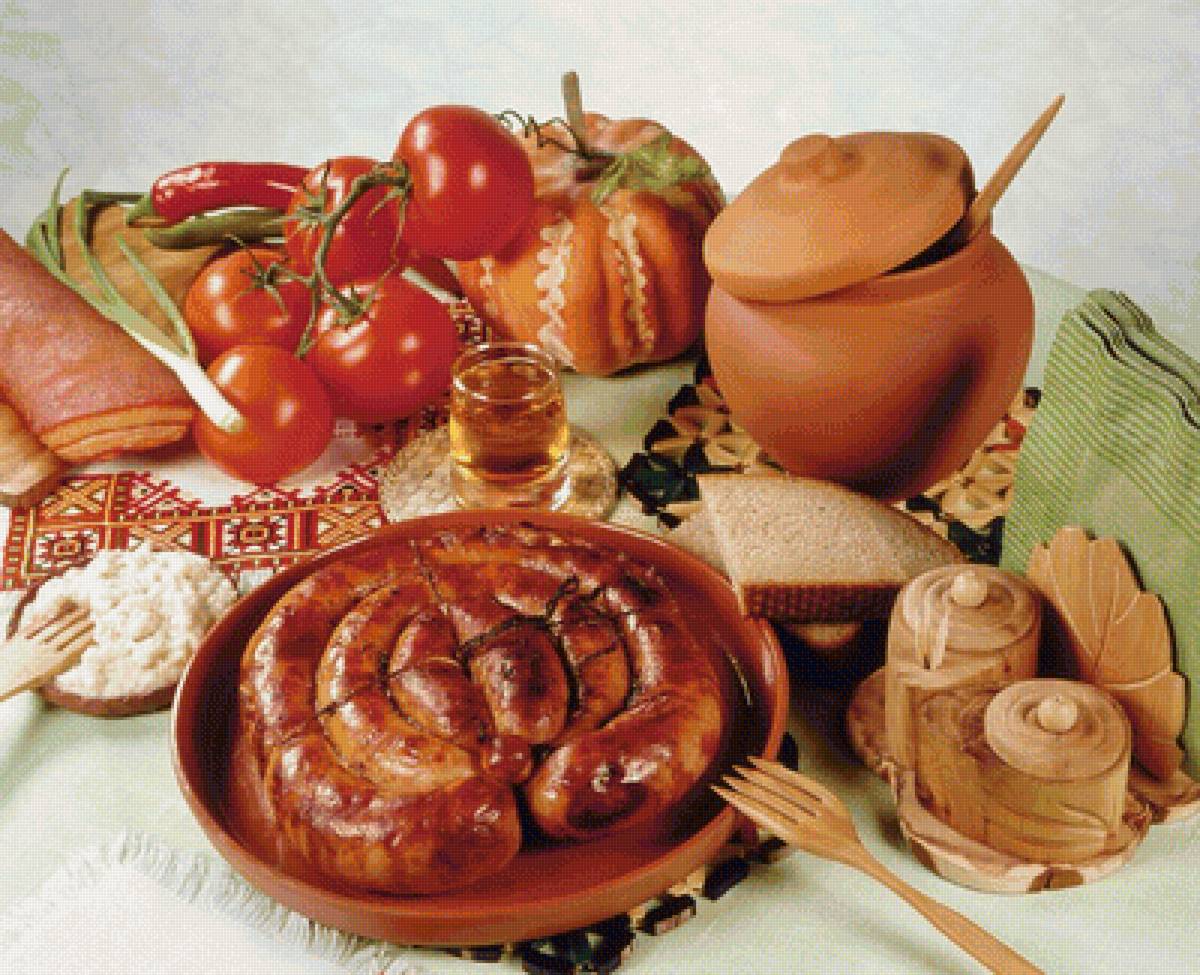 Деревенский натюрморт - сало, хлеб, овощи, колбаска - предпросмотр
