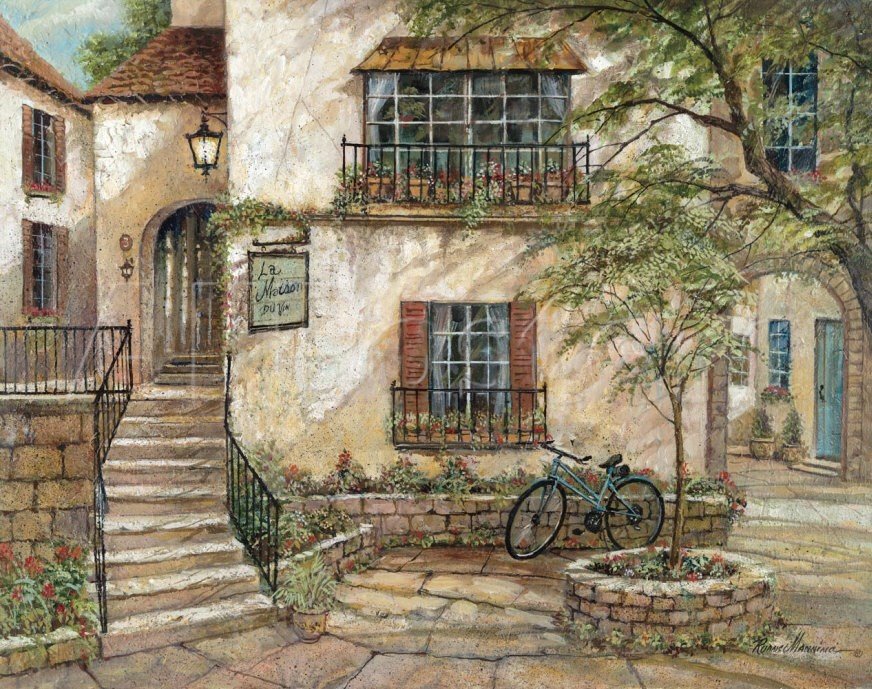 Уютный дворик - лестница, цветы, окна, двор, дом, дерево, велосипед - оригинал