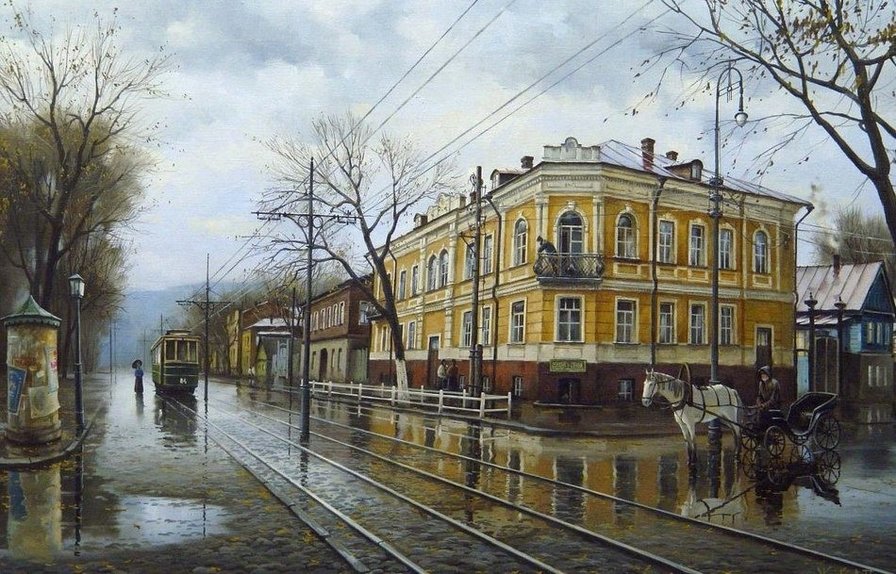Старый Саратов - дома, улица, дождь, трамвай, город - оригинал