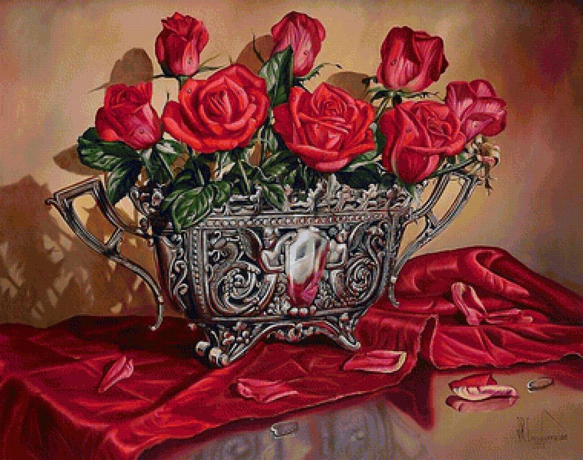Розы в серебре - живопись, цветочный натюрморт - предпросмотр