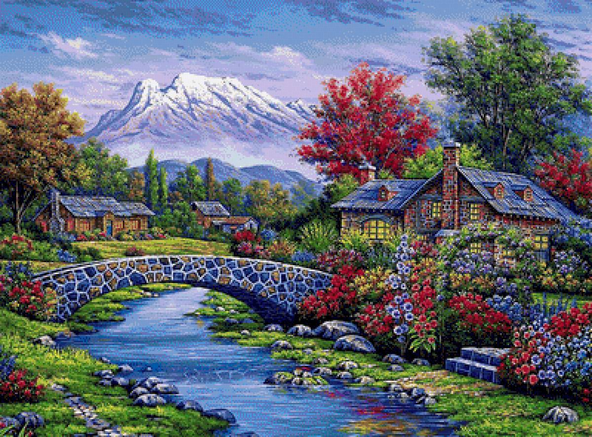 Домики у реки - река, цветы, пейзаж, горы, мостик, домики - предпросмотр