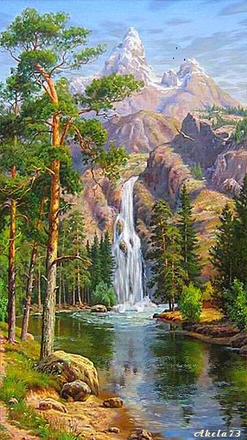 горный водопад - пейзаж, живопись, природа - оригинал