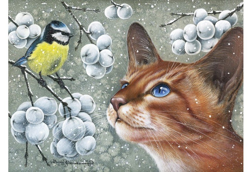Рыжик и синичка - коты, птицы - оригинал