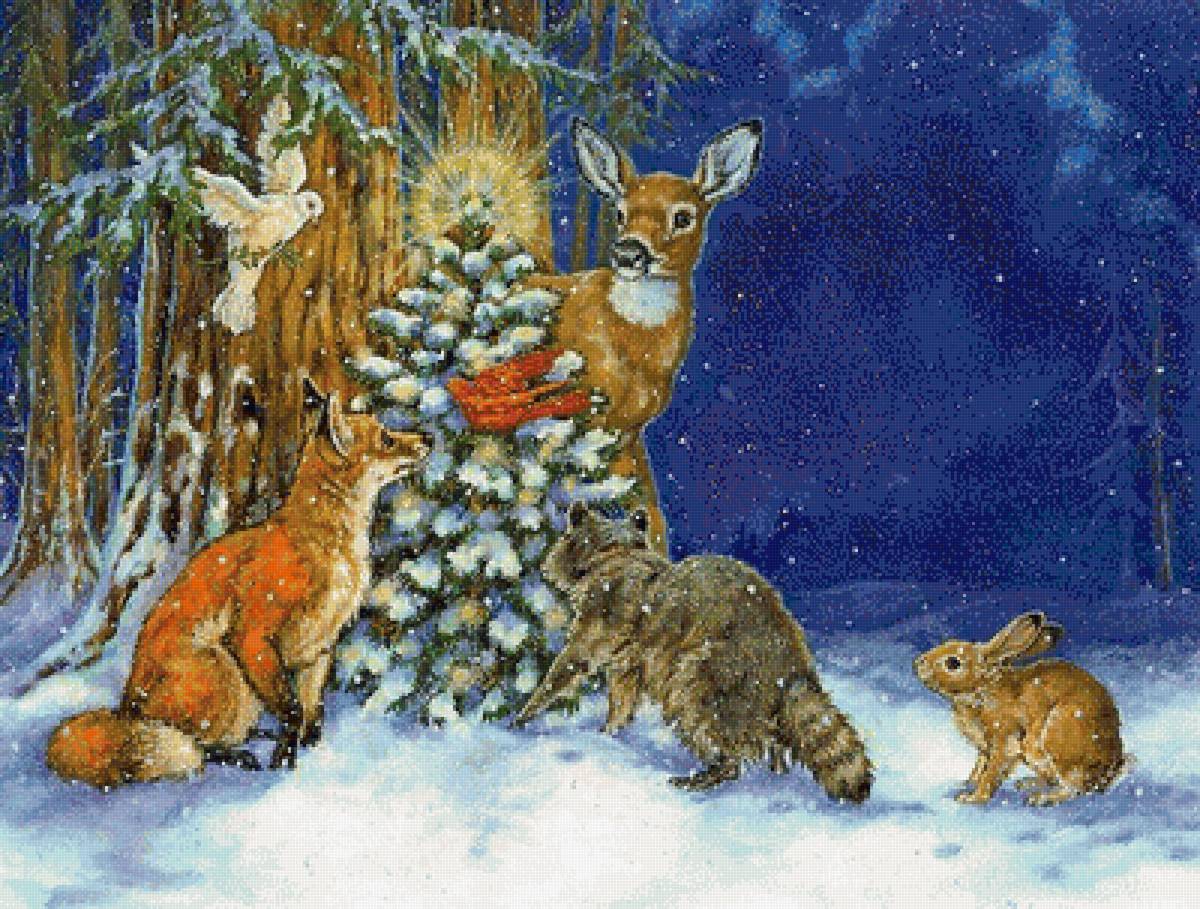 Новогодняя ночь - елочка, лес, животные, зима - предпросмотр