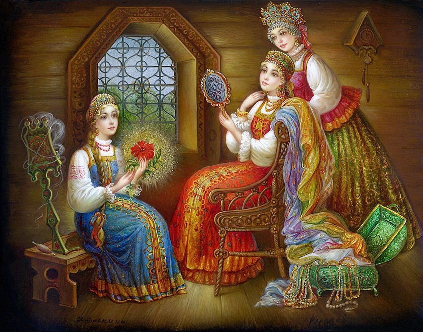 Аленький цветочек. Роспись - федоскинская роспись, сказка - оригинал