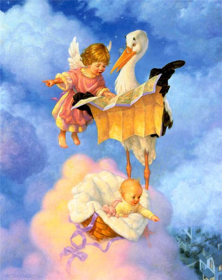 ангел с ребенком и аистом - ребенком, аист, ангел - оригинал