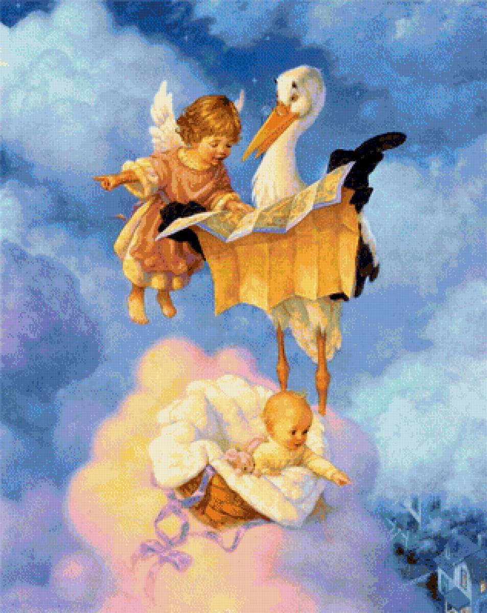 ангел с ребенком и аистом - ангел, ребенком, аист - предпросмотр