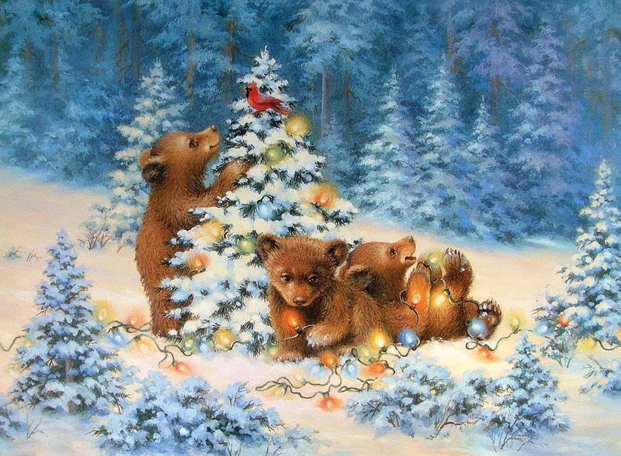 Новогодняя ночь - медведи, лес, зима, елка - оригинал