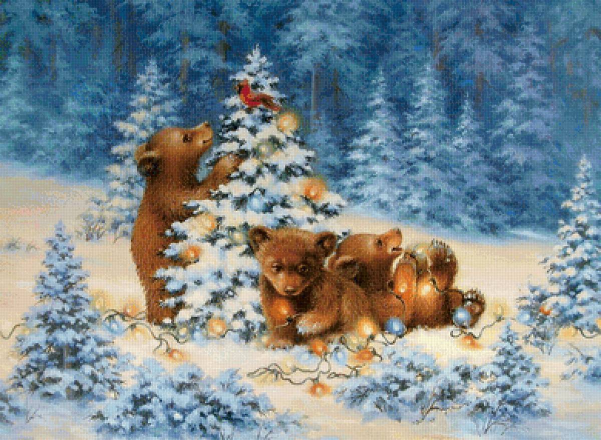 Новогодняя ночь - медведи, елка, зима, лес - предпросмотр