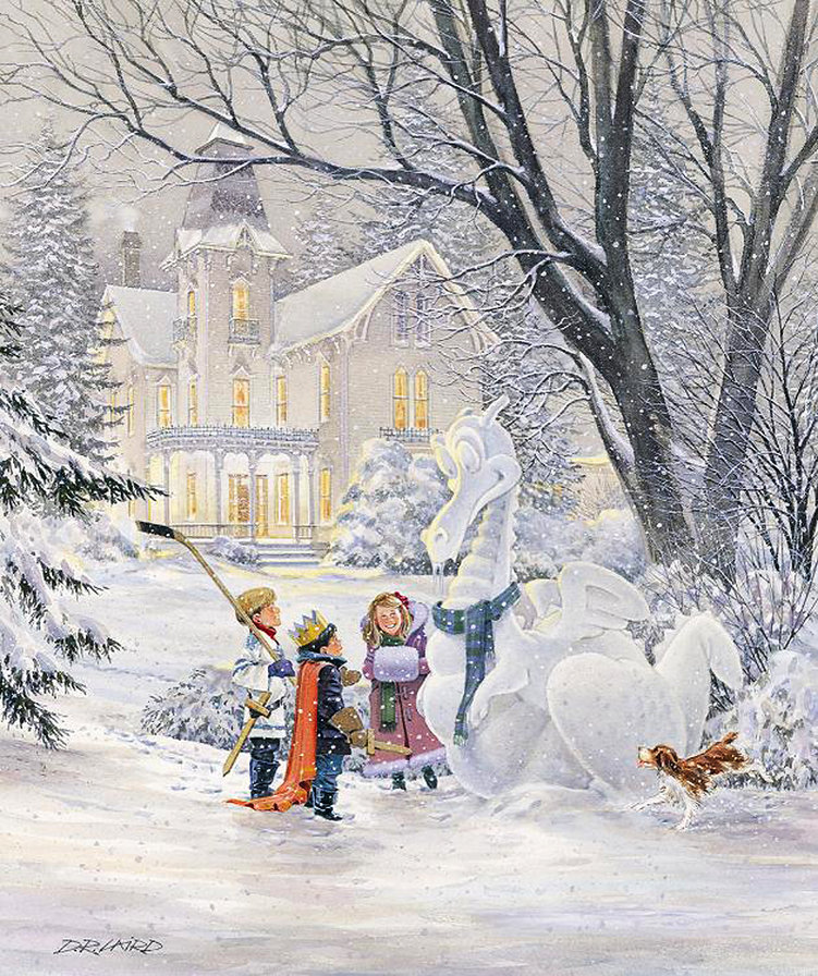 Ледяной дракон - собака, дом, лед, снег, игра, дети, деревья - оригинал