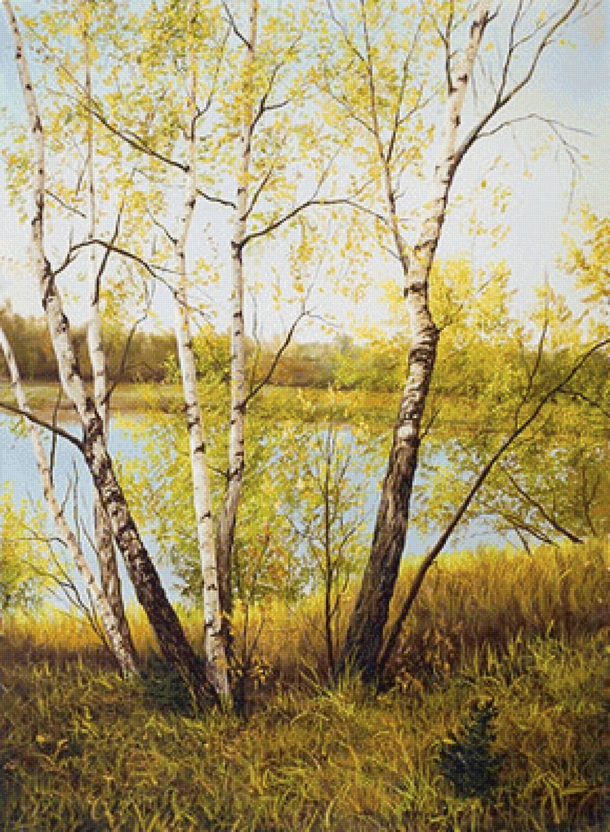 Первые листочки - вода, трава, весна, береза, живопись - предпросмотр