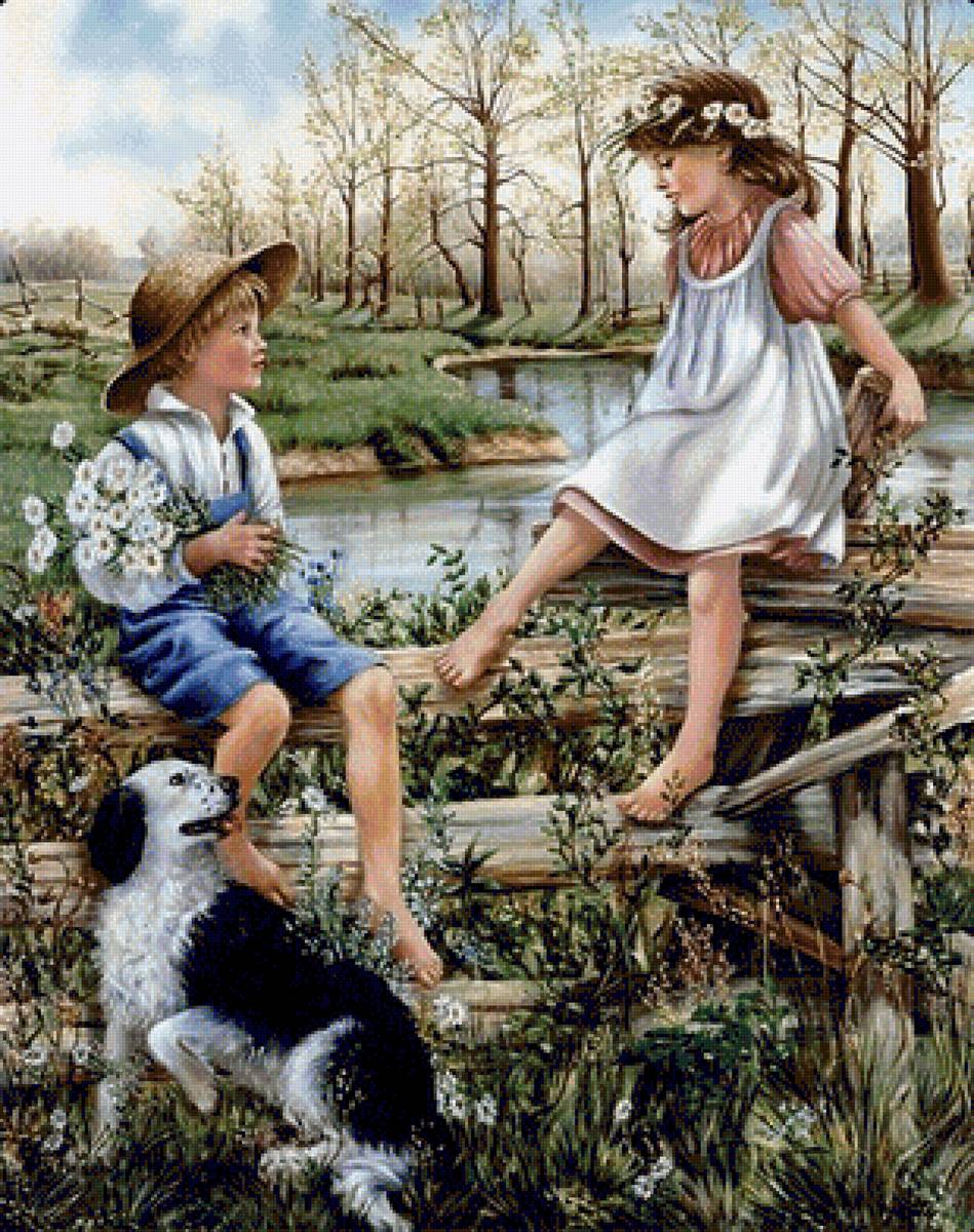 Детство - весна, собака, дети, река - предпросмотр