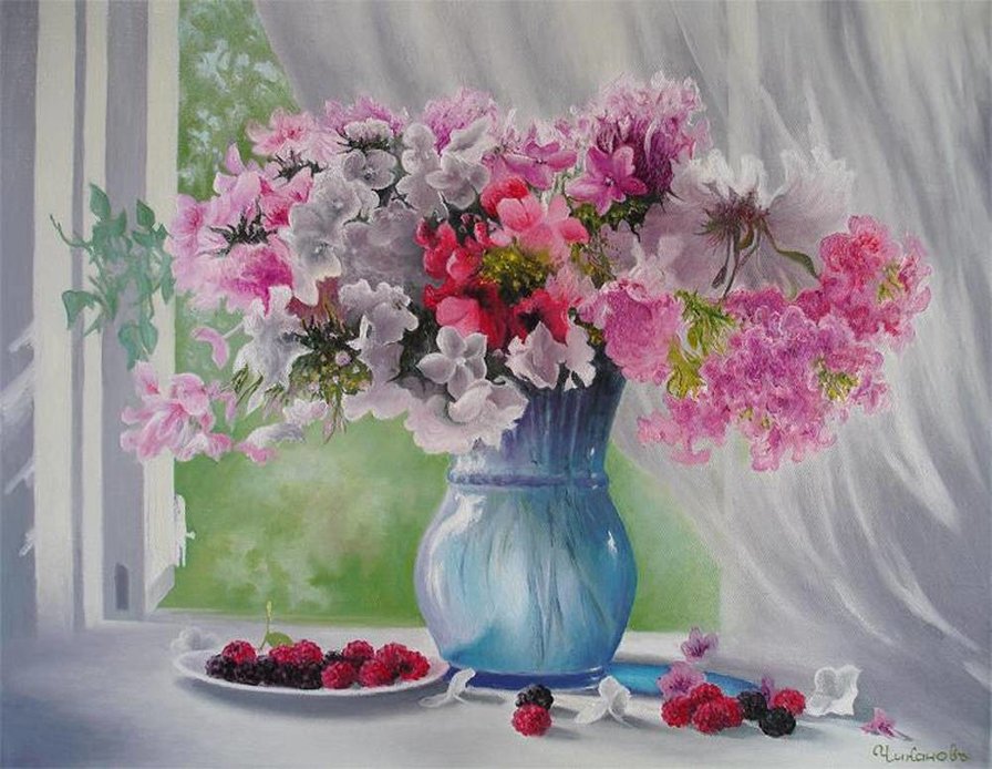 Малина и цветы - утро, цветы, окно - оригинал