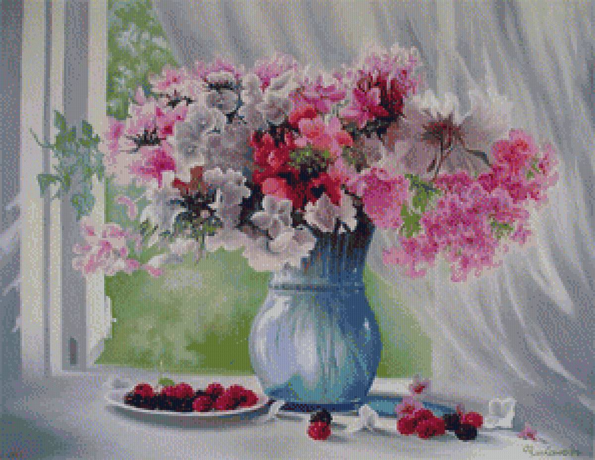 Малина и цветы - утро, цветы, окно - предпросмотр