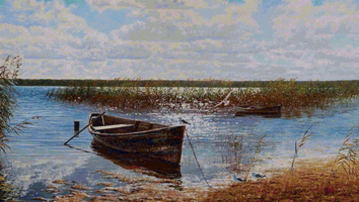 У воды. - трава, лето, берег, озеро, птицы, лодка - предпросмотр