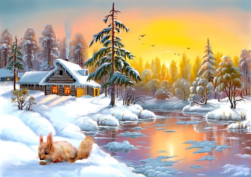 Зимняя сказка - белочка, лес, зима, избушка - оригинал