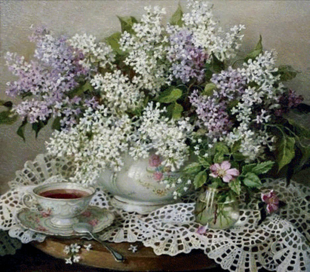 Весенний чай - ваза. салфетка, чай, черемуха, сирень - предпросмотр