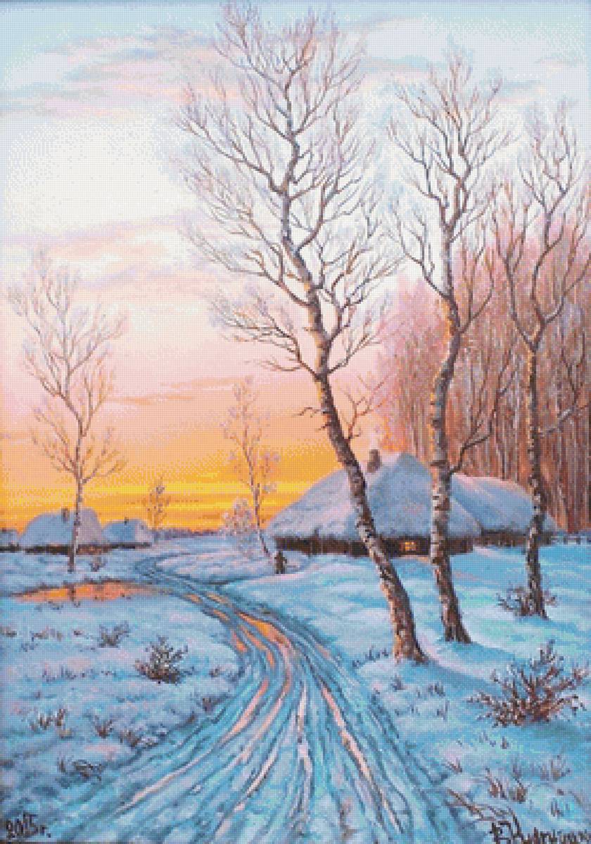 Вечер ранней весны - дорога, деревня, живопись, дома, закат, природа - предпросмотр