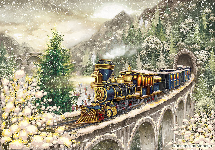 Новогодний экспресс - каток, мост, зима, ели, тоннель, снег, поезд - оригинал