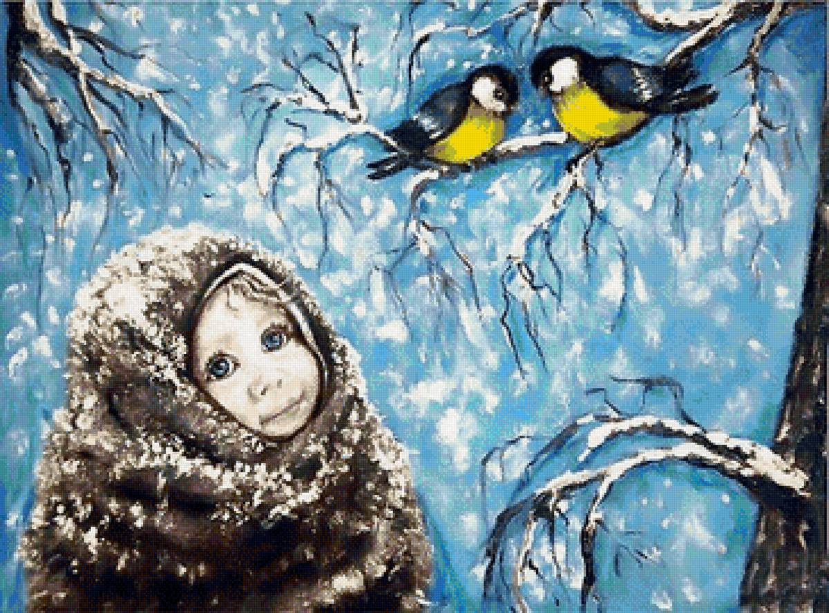 №1633241 - зима, снег, дерево, птицы, ребенок - предпросмотр