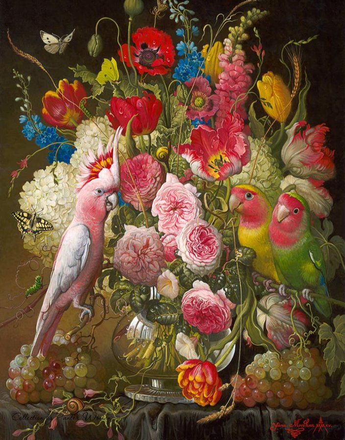 Натюрморт с попугаями - цветы, птицы - оригинал