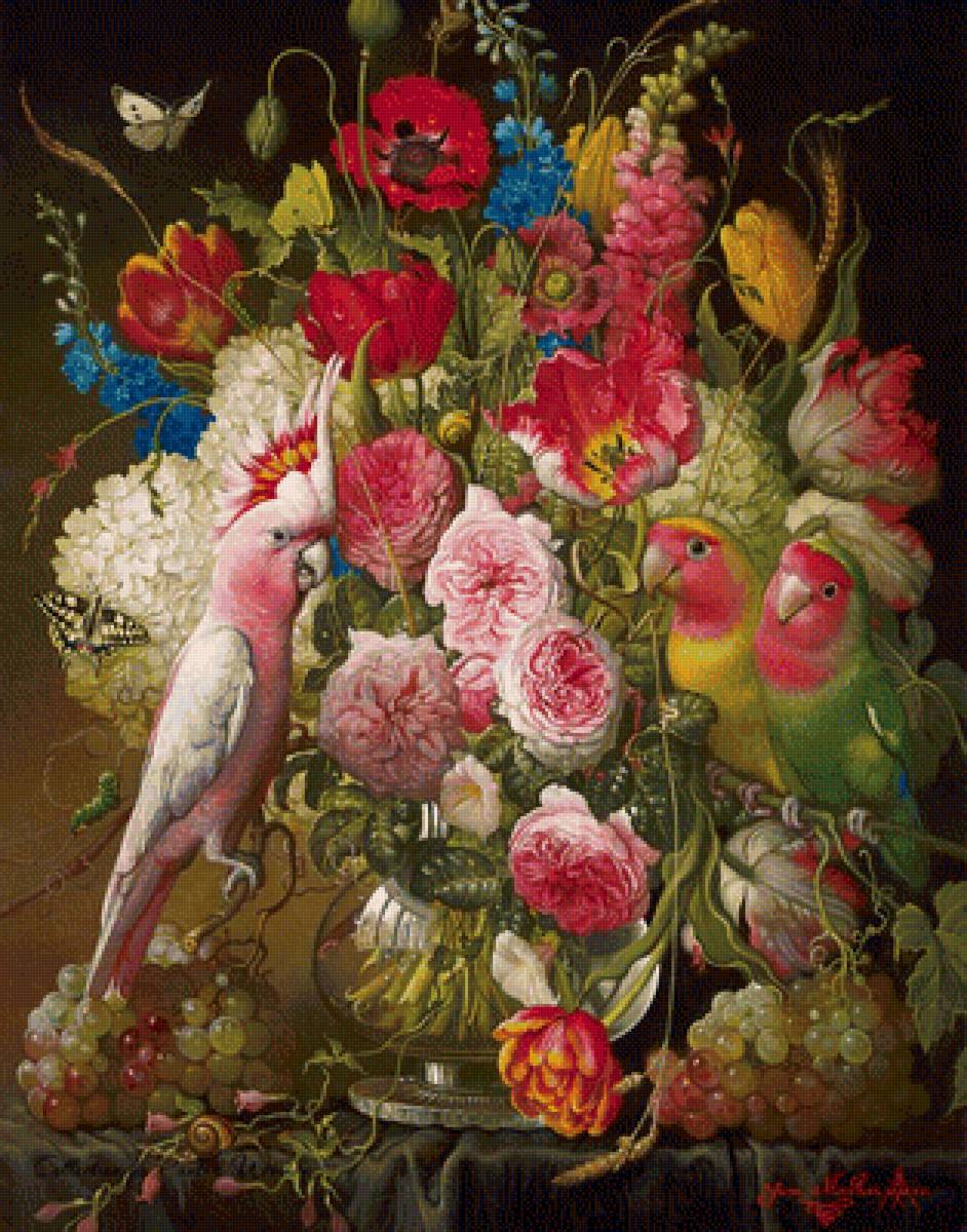 Натюрморт с попугаями - птицы, цветы - предпросмотр