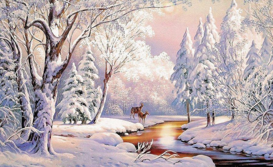 Зимний пейзаж - лес, зима, животные - оригинал
