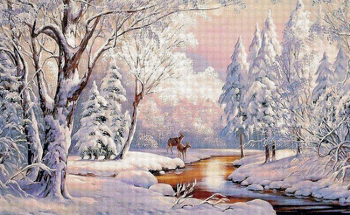 Зимний пейзаж - животные, зима, лес - предпросмотр