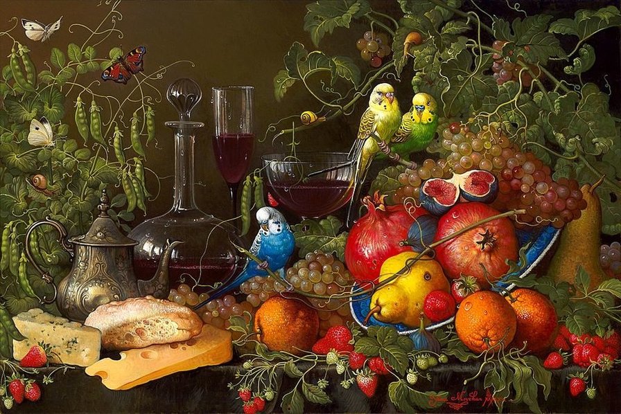 №1636055 - фрукты, вино, натюрморт, попугаи - оригинал