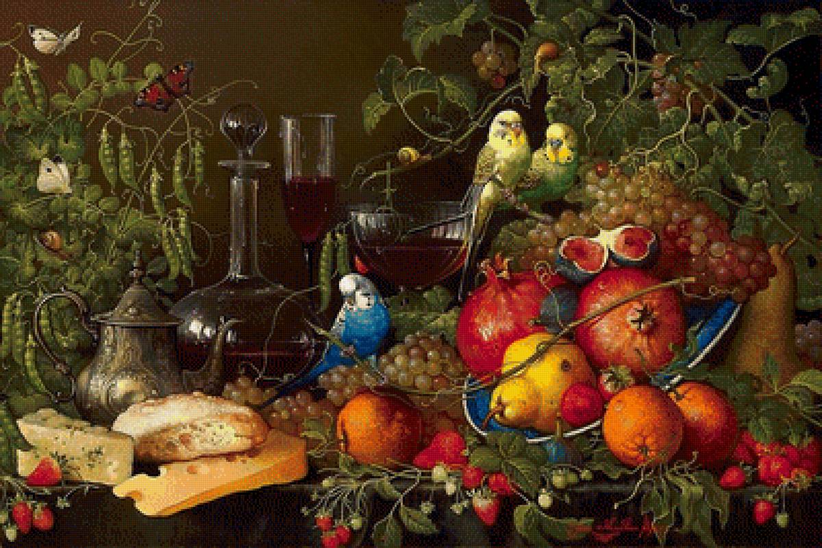 №1636055 - вино, натюрморт, попугаи, фрукты - предпросмотр