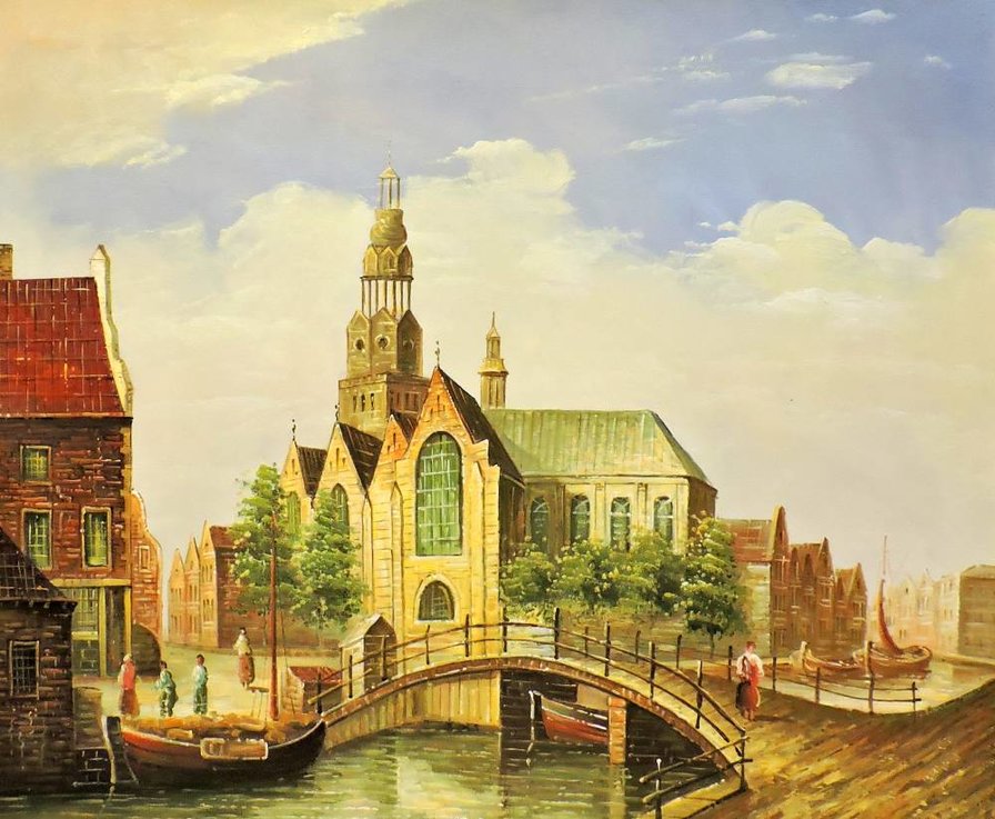 Голландия - дома. мост, город, живопись - оригинал