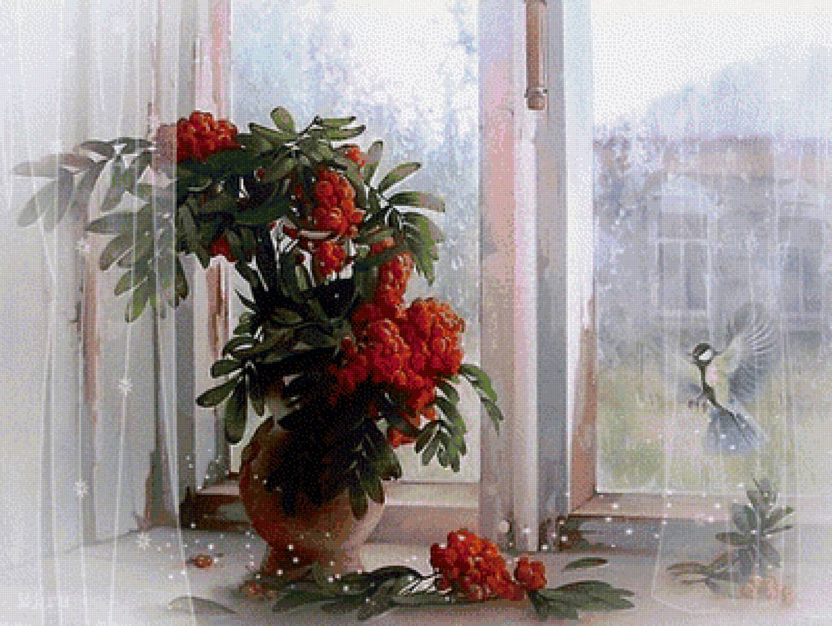 рябина на окне - рябина, цветы, ваза - предпросмотр
