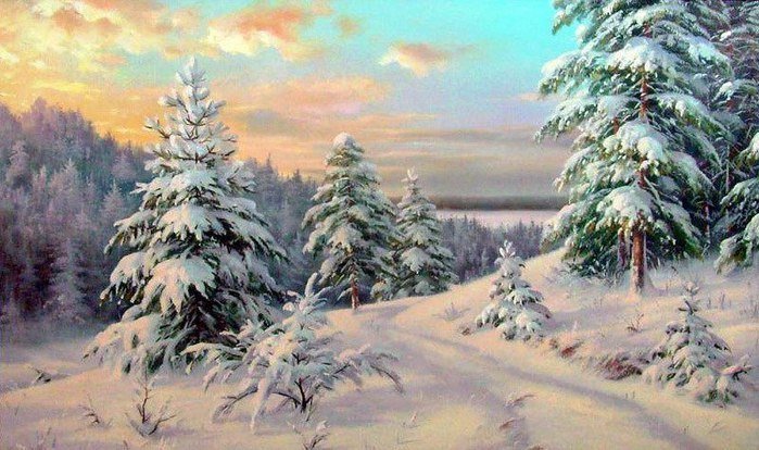 #14 - зима, лес, дом, деревья, птицы, солнце, зимний лем - оригинал