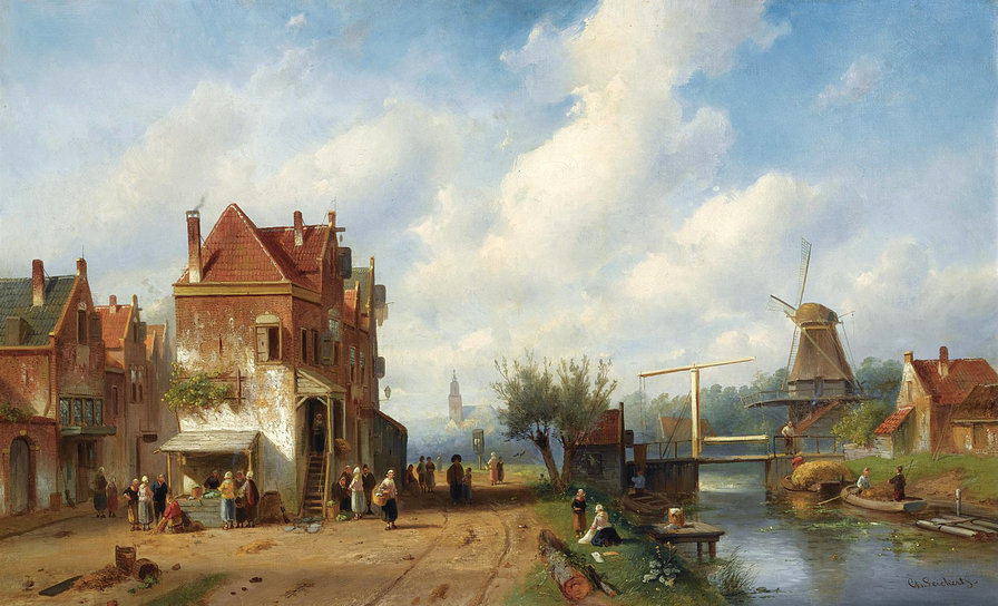 Голландский городок - городок, дома, живопись, люди, река, мельница - оригинал