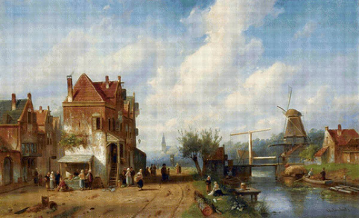 Голландский городок - мельница, живопись, городок, дома, люди, река - предпросмотр