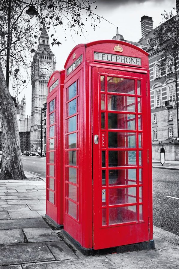 Будка - монохром, телефонная будка, лондон, черный, красный, белый - оригинал