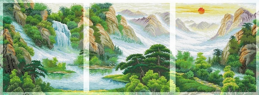 ЗАКАТ В ГОРАХ - лес, горы, триптих, природа, закат, водопад - оригинал