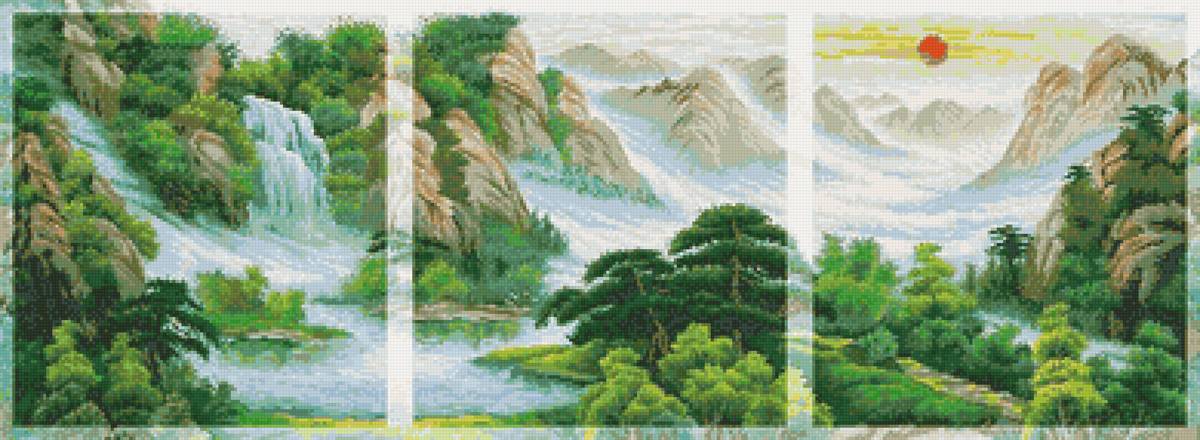 ЗАКАТ В ГОРАХ - триптих, лес, водопад, закат, природа, горы - предпросмотр