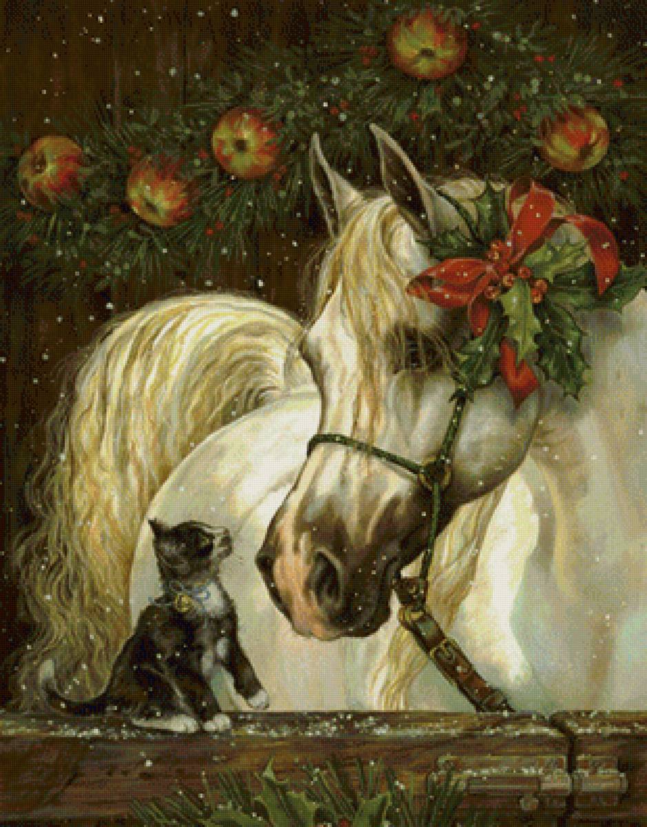 Лошадь и котенок - живопись, животные - предпросмотр