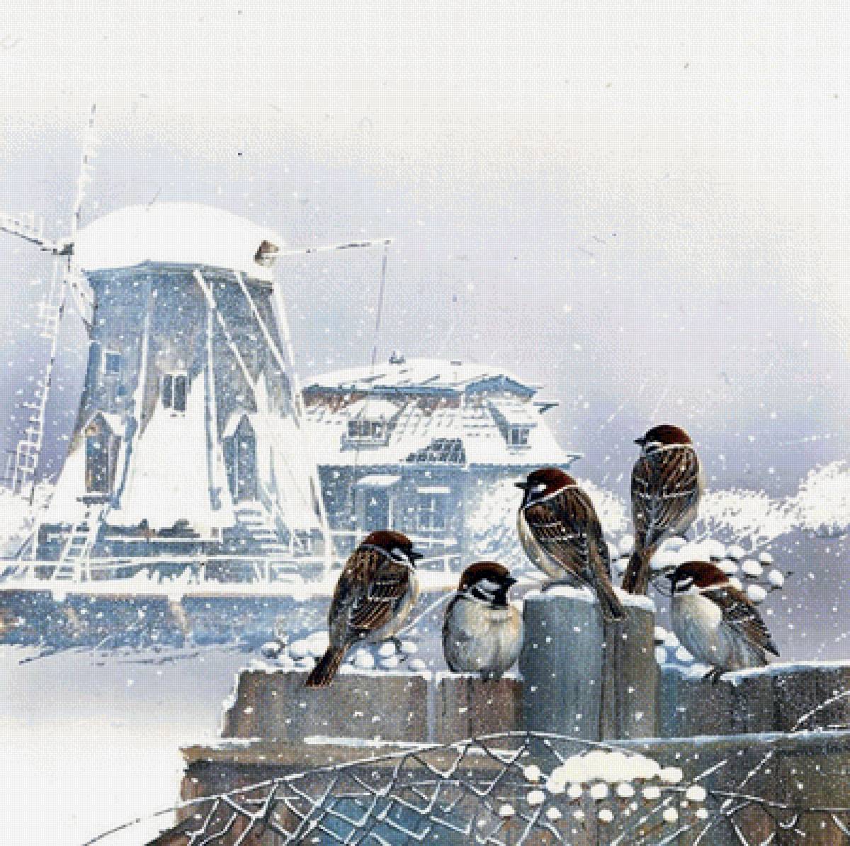 воробьи зимой - пейзаж, картина, зима, природа - предпросмотр